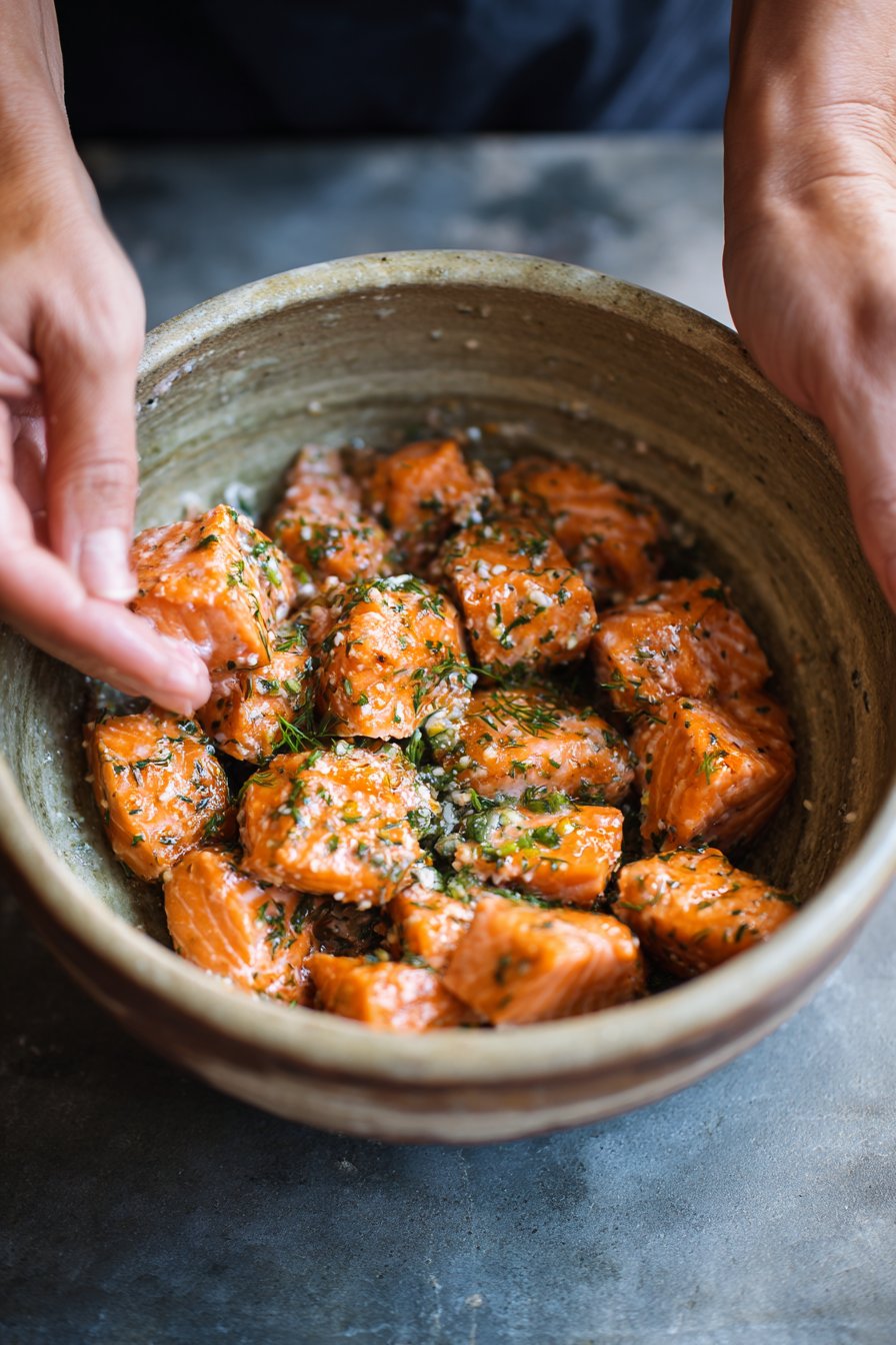 Air Fryer Salmon Bites with Bang Bang Sauce instructions process