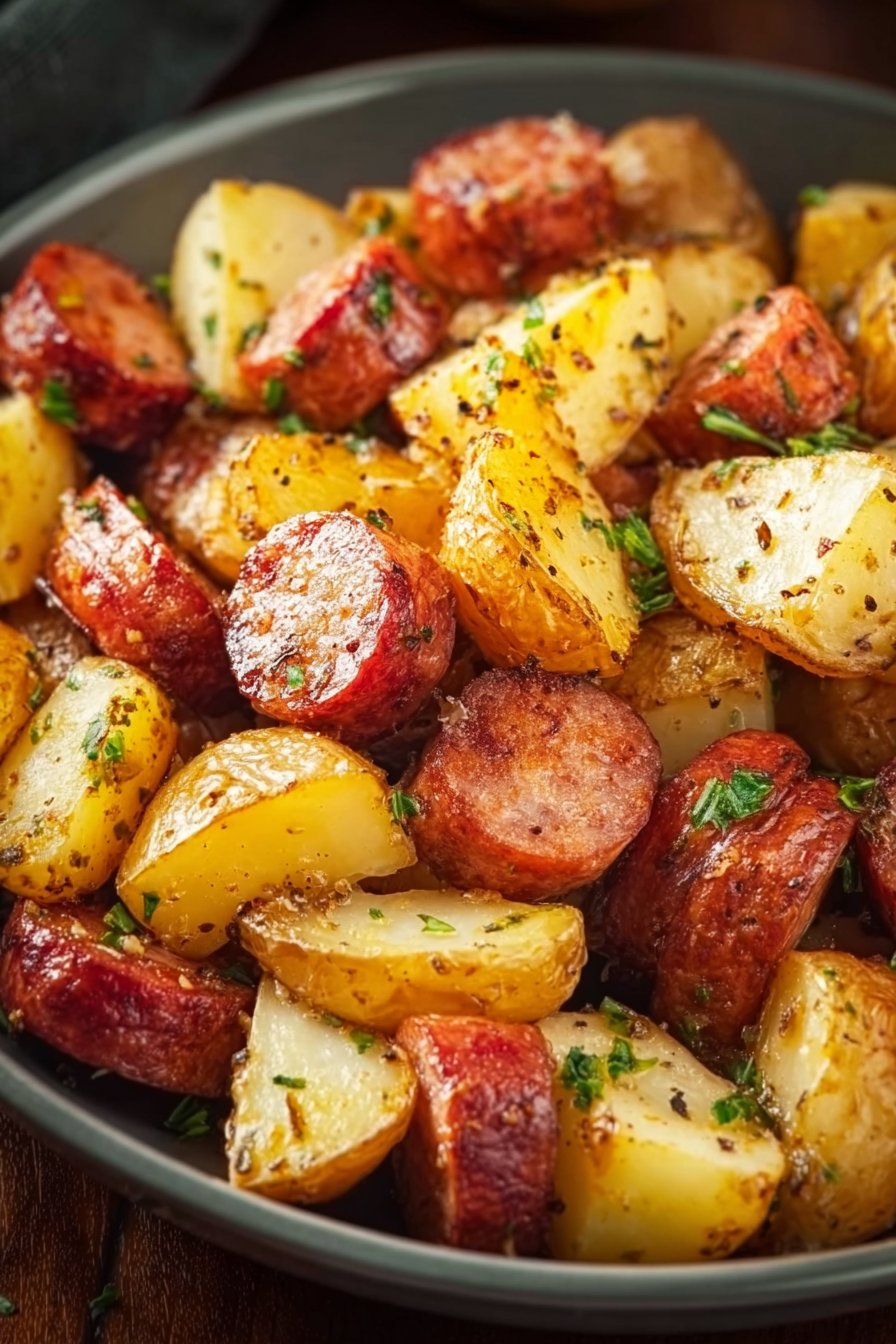 Air Fryer Potatoes and Beef Sausage serving