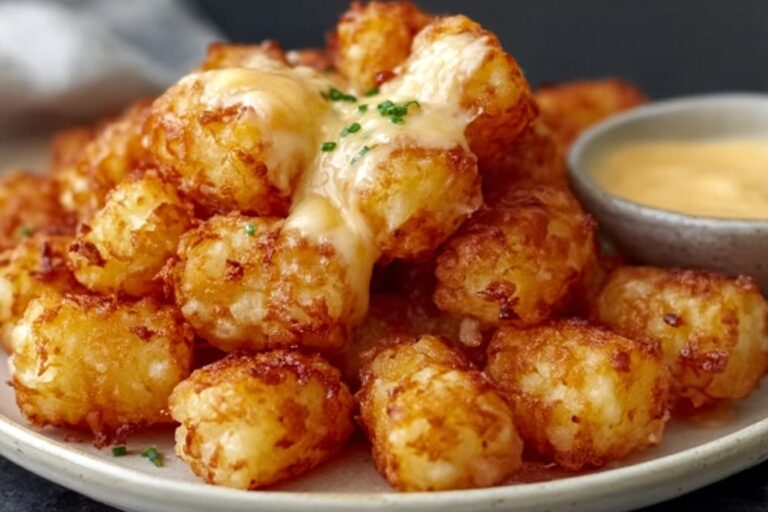 Crispy Air Fryer Tater Tots with Cheese Sauce featured
