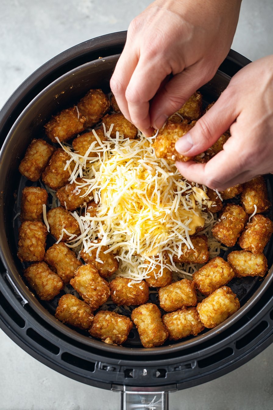 Crispy Air Fryer Tater Tots with Cheese Sauce instructions process