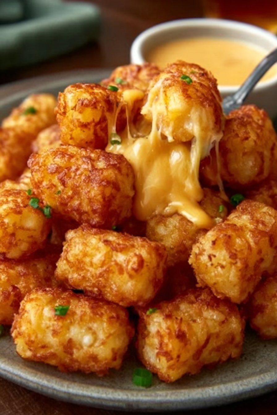 Crispy Air Fryer Tater Tots with Cheese Sauce serving