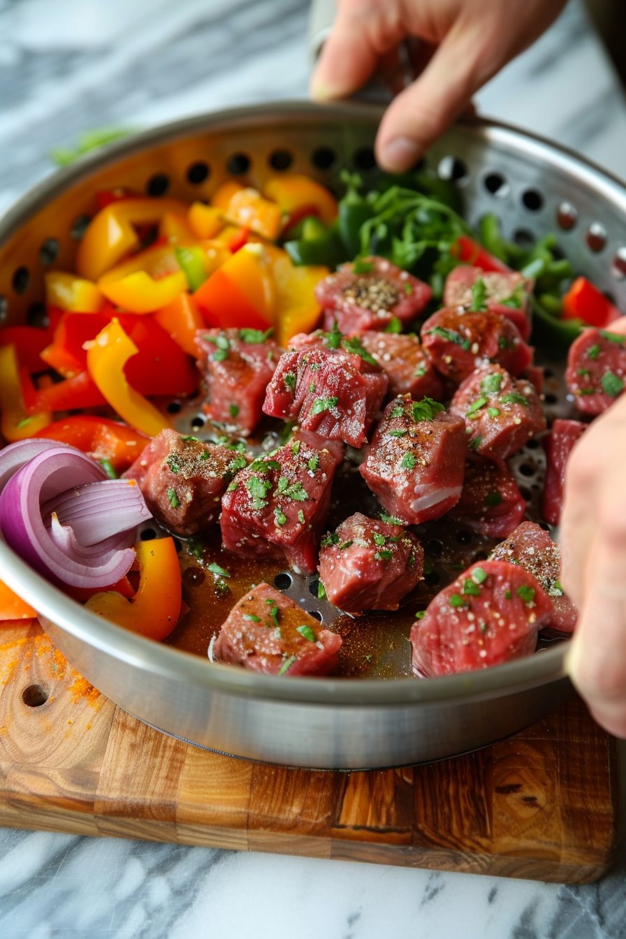 Air Fryer Steak Bites and Peppers (Pepper Steak) process image