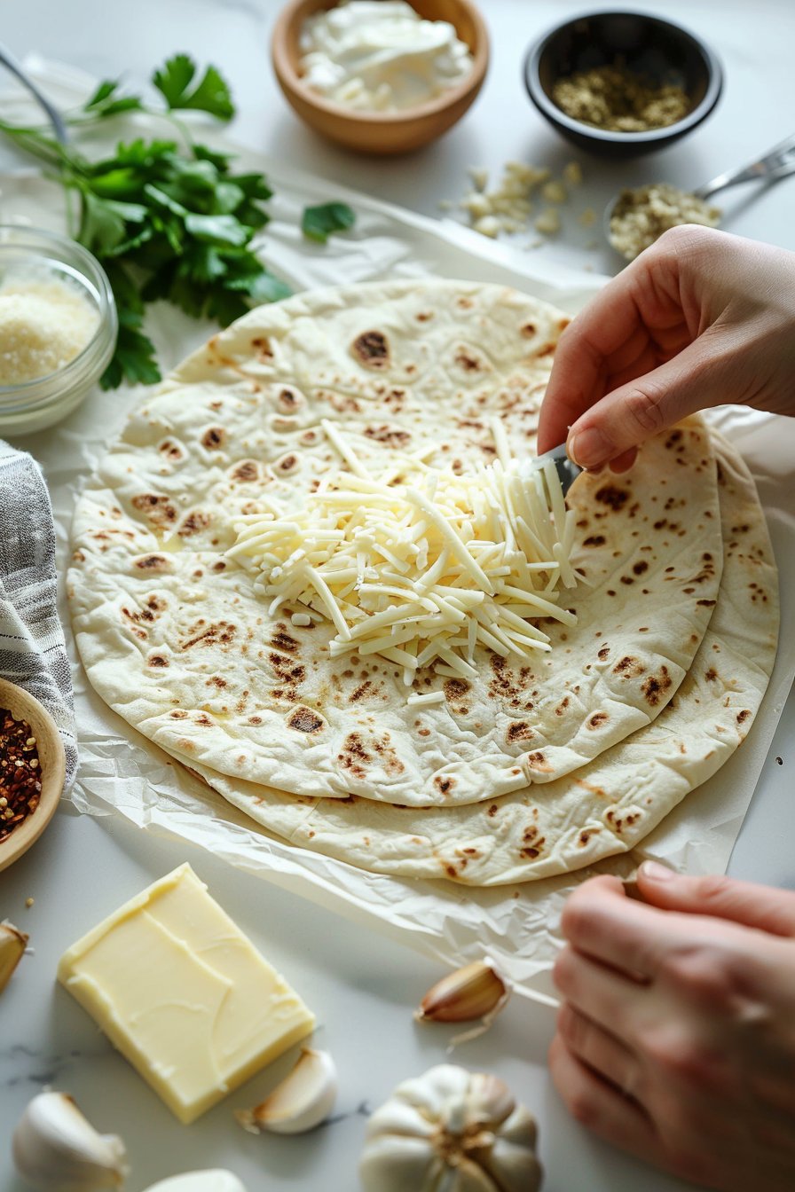 Air Fryer Cheesy Tortilla Garlic Bread process image