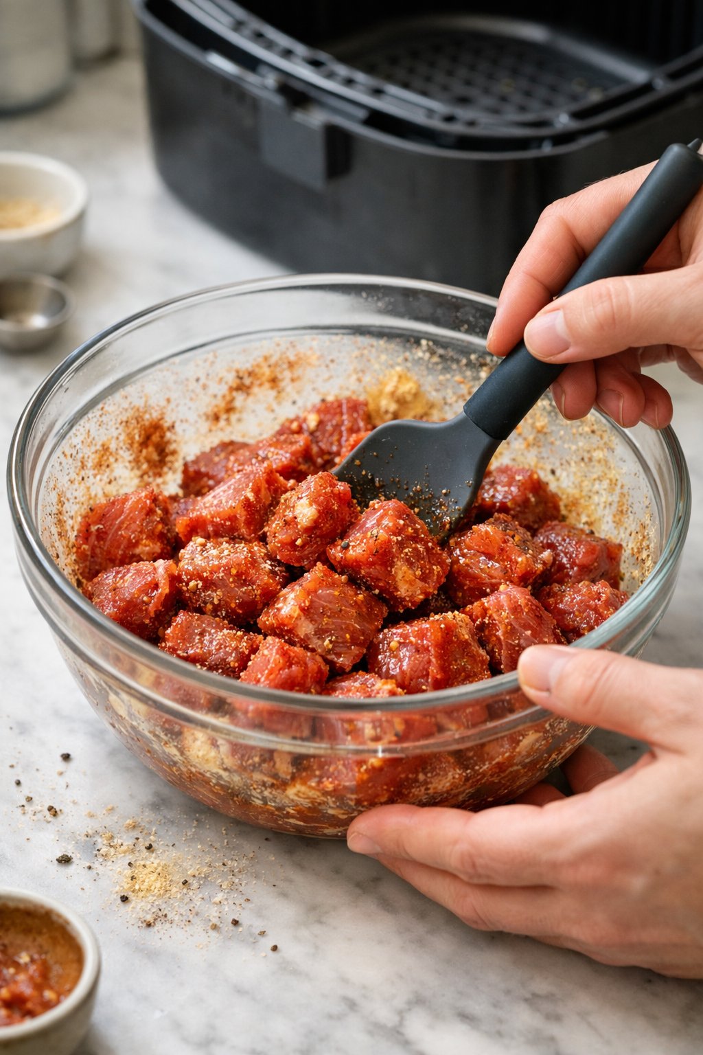 Juicy Air Fryer Steak Bites in 15 Minutes – Irresistible! process image