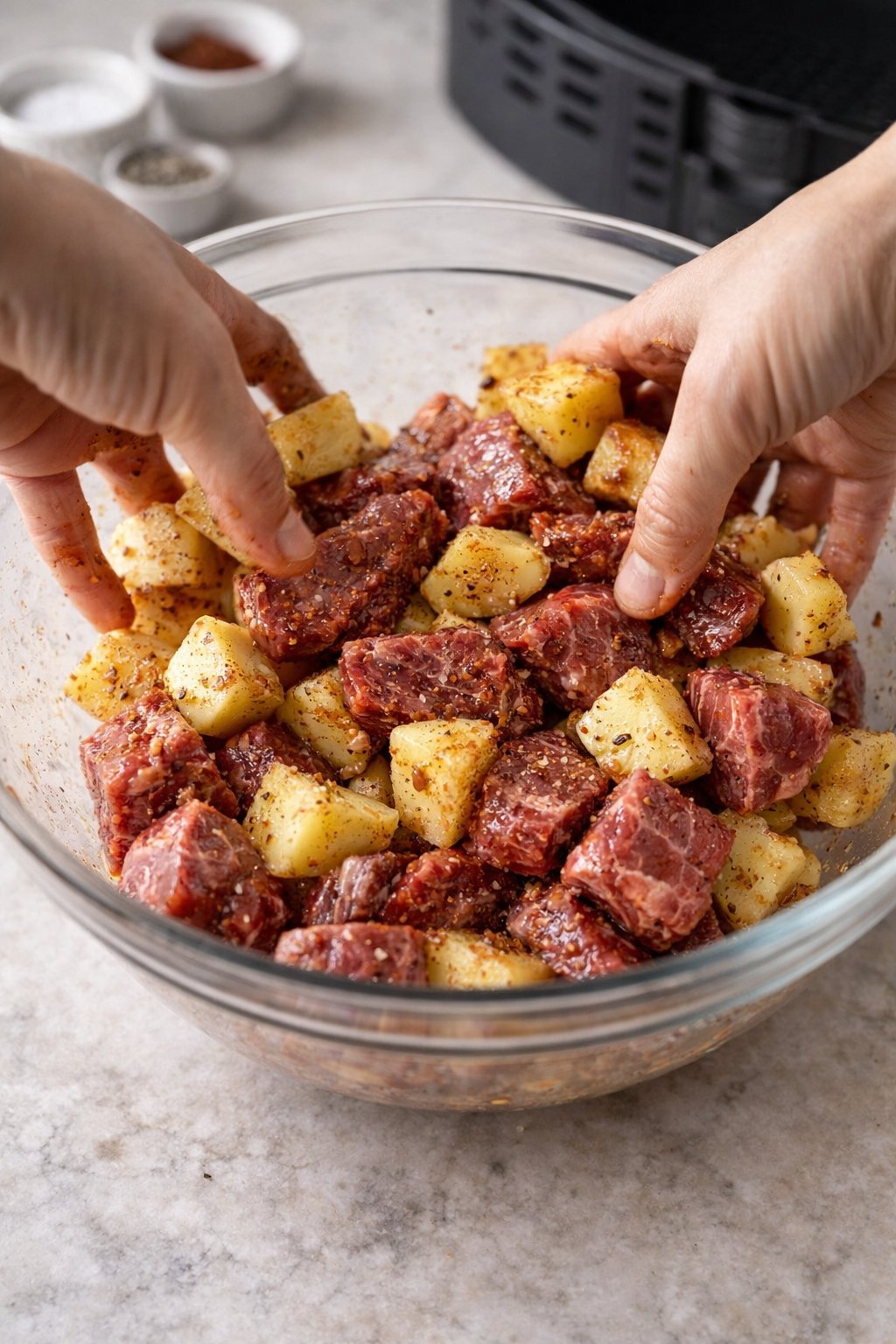 Air Fryer Garlic Steak Bites and Potatoes process image