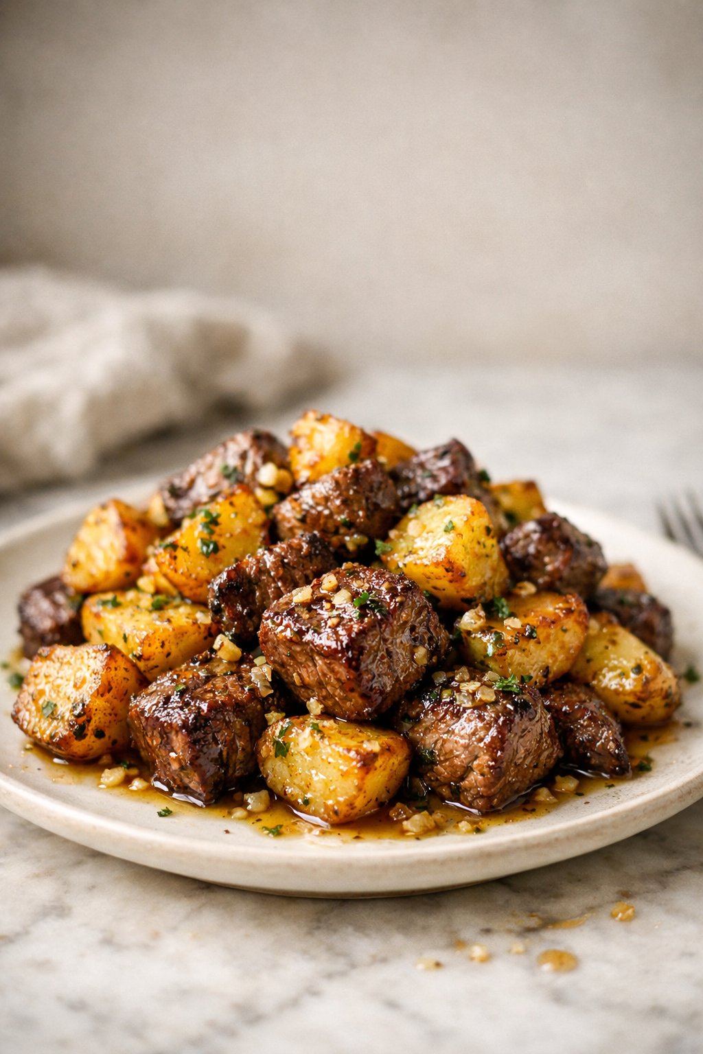 Air Fryer Garlic Steak Bites and Potatoes serving image