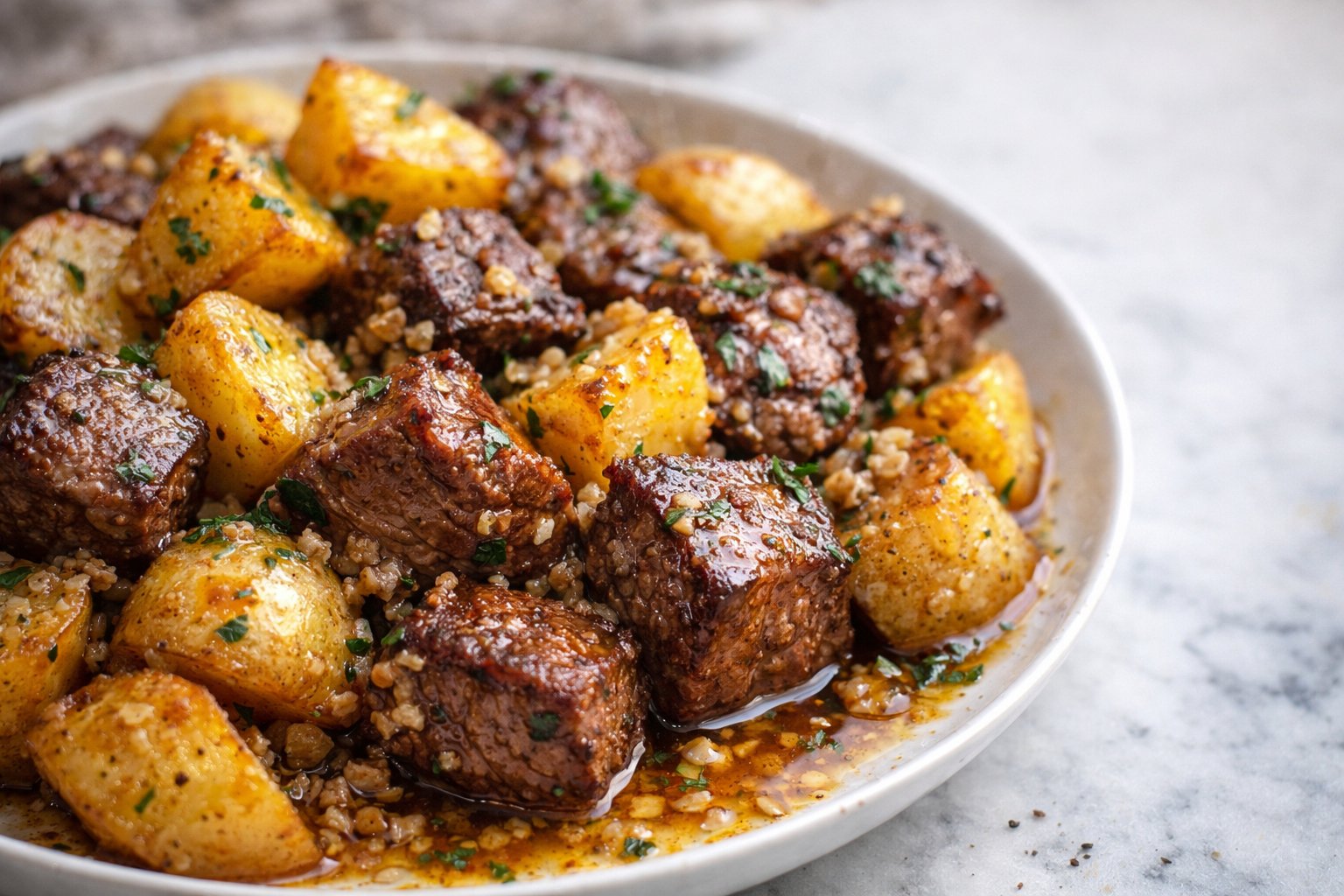 Air Fryer Garlic Steak Bites and Potatoes recipe card