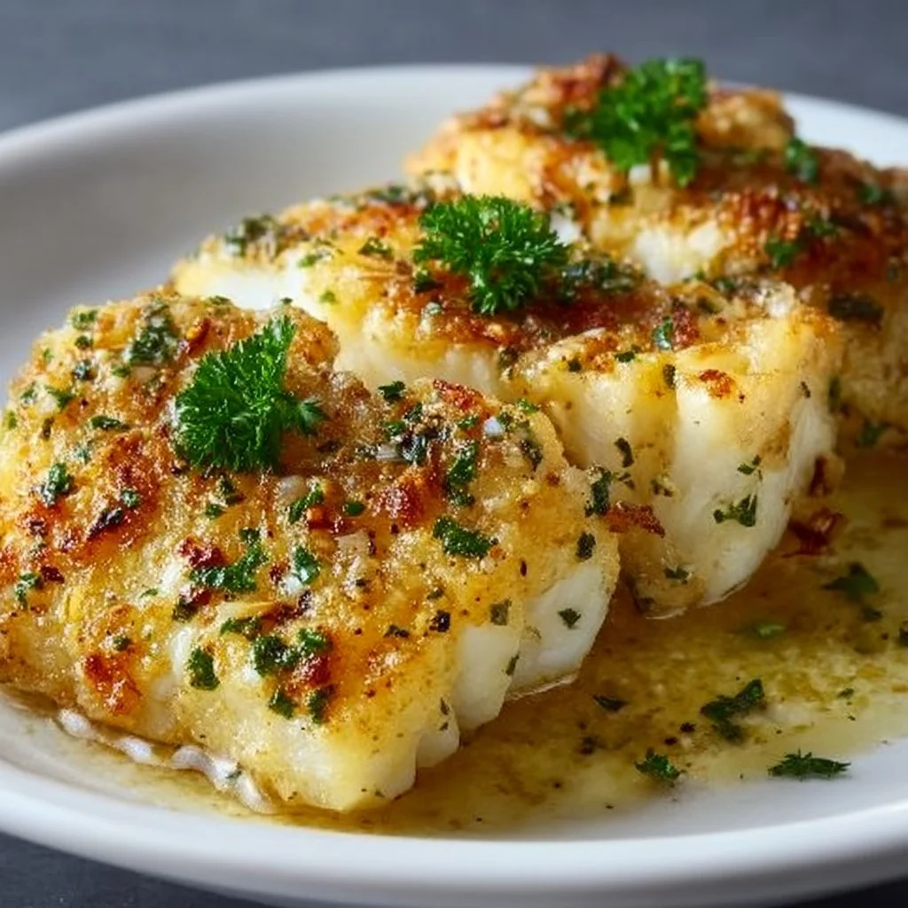 Air fryer garlic butter cod fillets served on a plate with herbs.