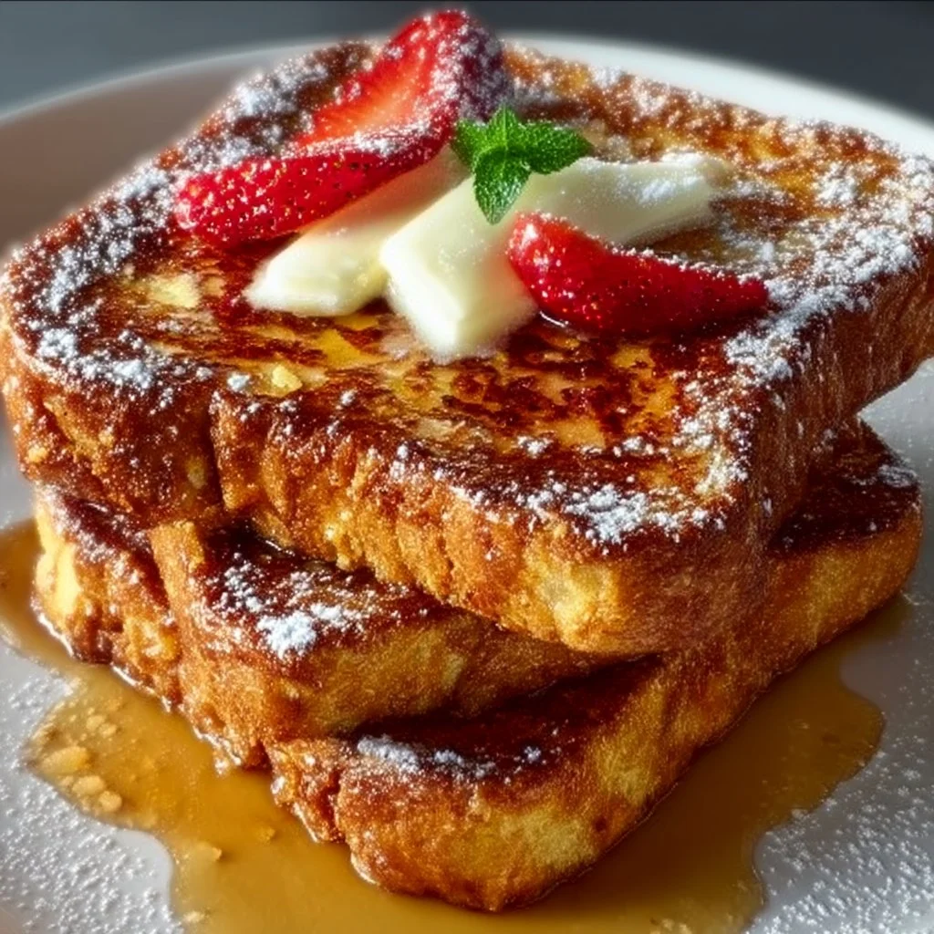 Quick and easy air fryer French toast with syrup on a plate.