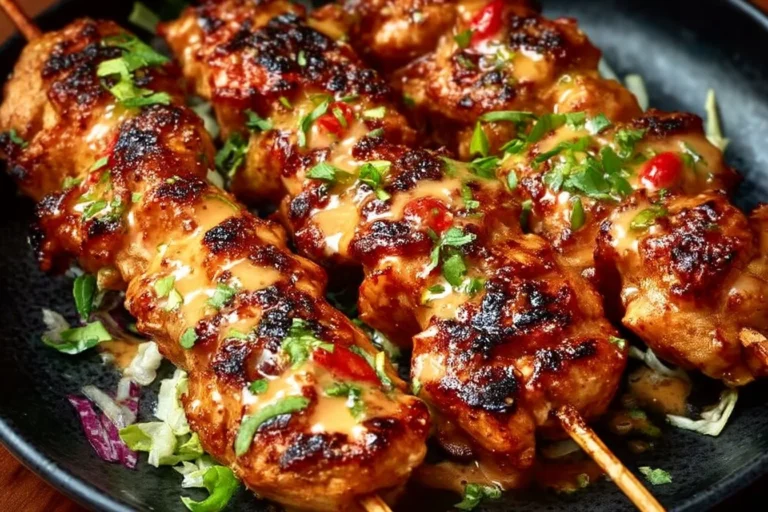 Air Fryer Bang Bang Chicken Skewers garnished and ready to serve