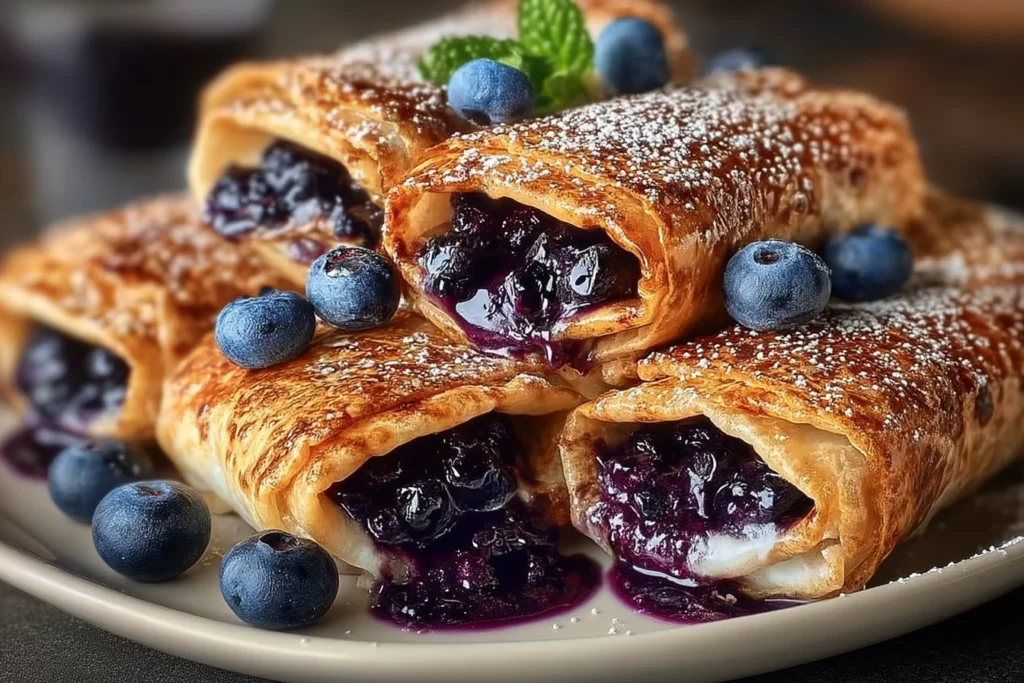 Air fryer blueberry chimichangas served on a plate with powdered sugar