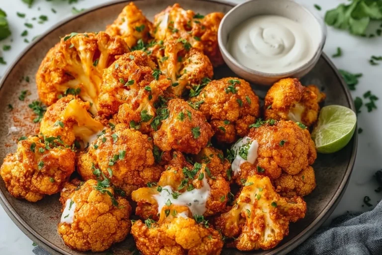 Crispy Air Fryer Buffalo Cauliflower served with dipping sauce