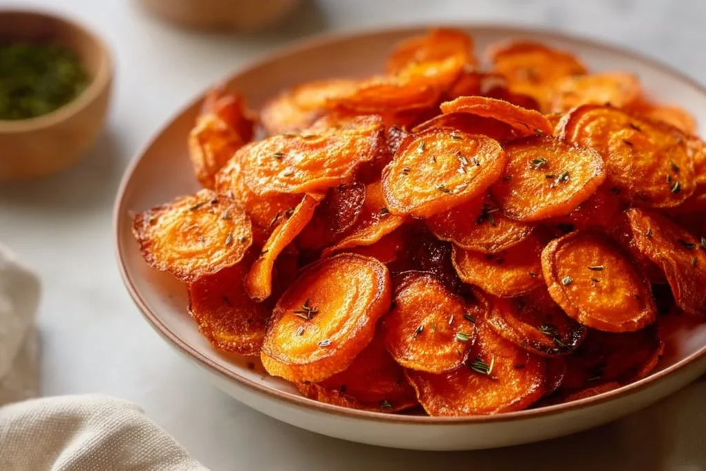 Crispy air fryer carrot chips in a bowl ready to enjoy as a healthy snack