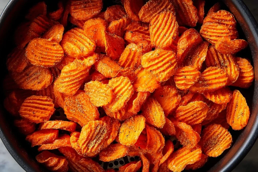 Crispy air fryer carrot chips served in a bowl, a healthy snack option