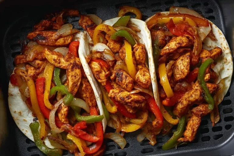 Air fryer chicken fajitas served with peppers and onions