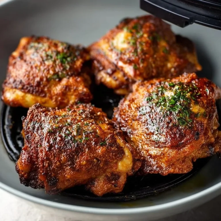 Crispy air fryer chicken thighs served on a plate with herbs and spices