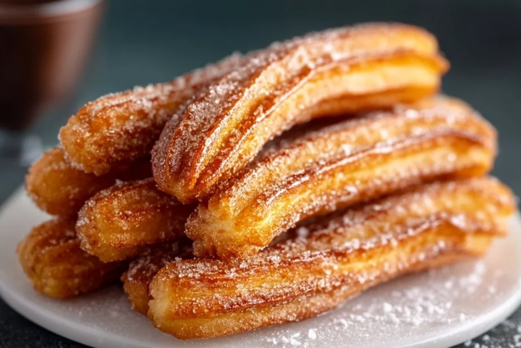 Freshly made air fryer churros served with chocolate sauce.