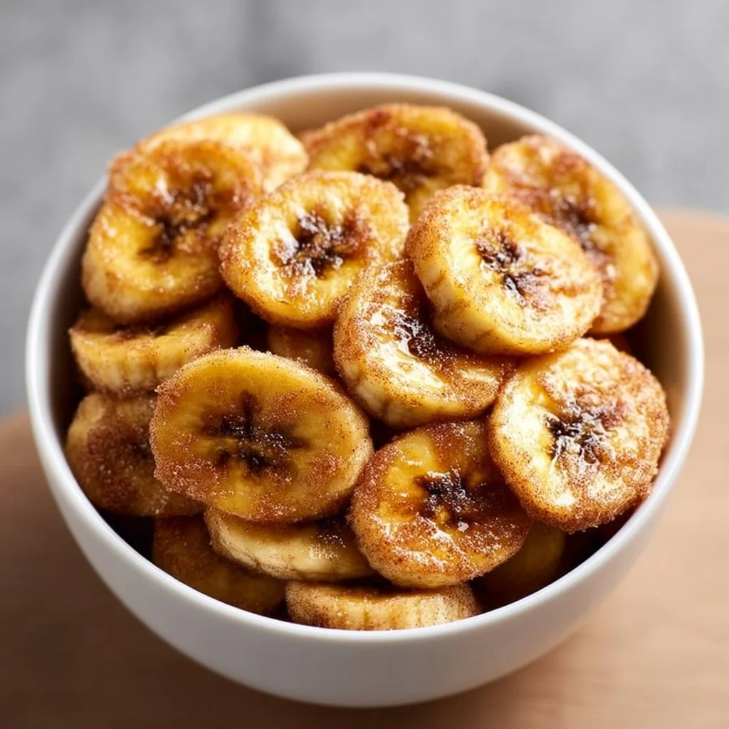 Bowl of crispy air fryer cinnamon sugar banana chips