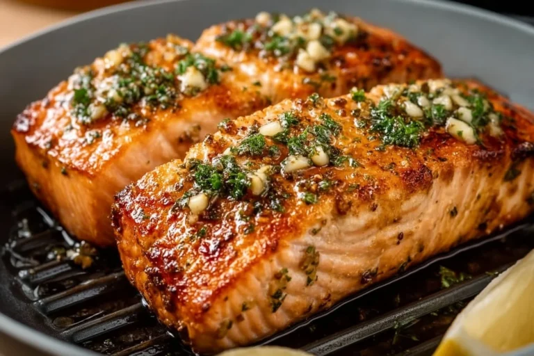 Air Fryer Garlic Butter Salmon served on a plate with herbs and lemon.