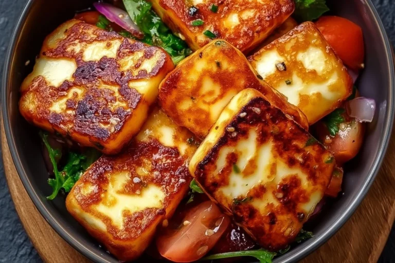 Crispy Air Fryer Halloumi slices served with dipping sauce