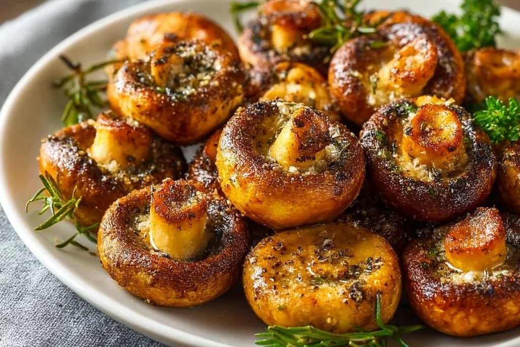 Crispy air fryer mushrooms served on a plate