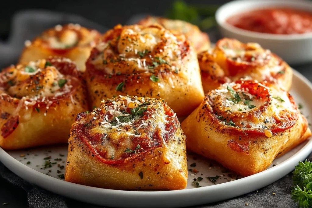 Crispy air fryer pizza rolls served on a plate