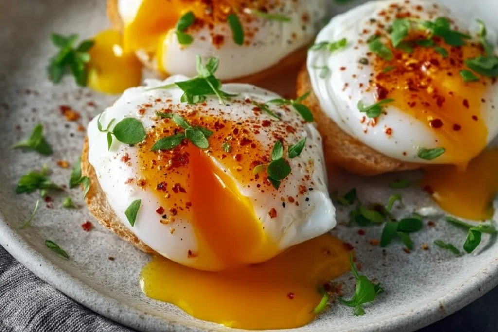 Air fryer poached eggs served on a plate with greens for breakfast