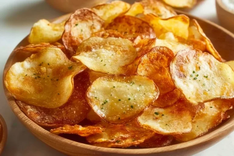 Crispy air fryer potato chips served in a bowl with herbs and seasoning.