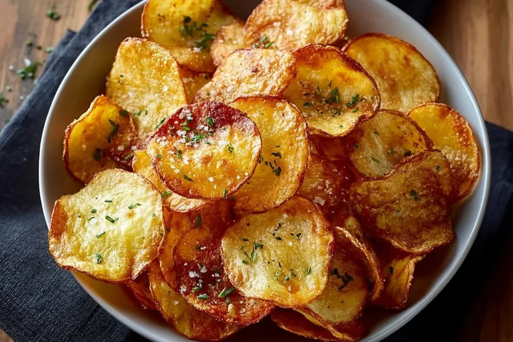 Crispy air fryer potato chips in a bowl ready to eat