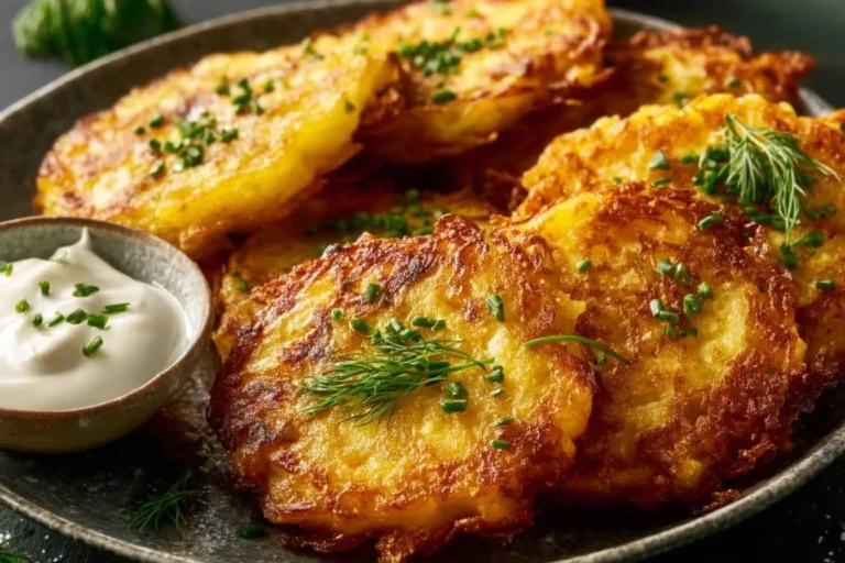 Crispy air fryer potato pancakes served with a dipping sauce