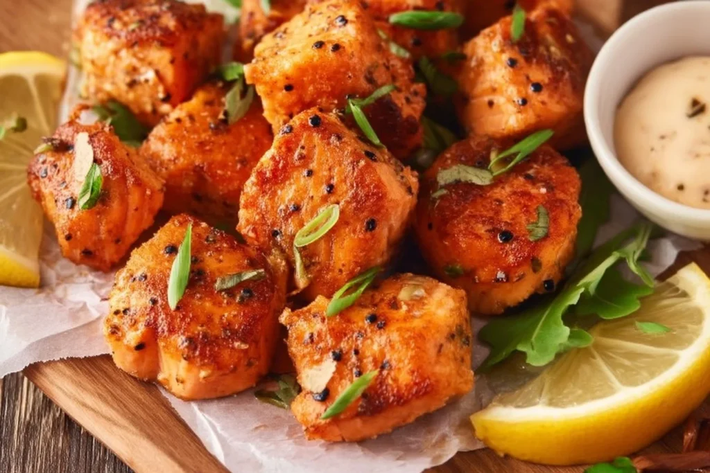 Air fryer salmon bites cooking in a basket, golden and crispy