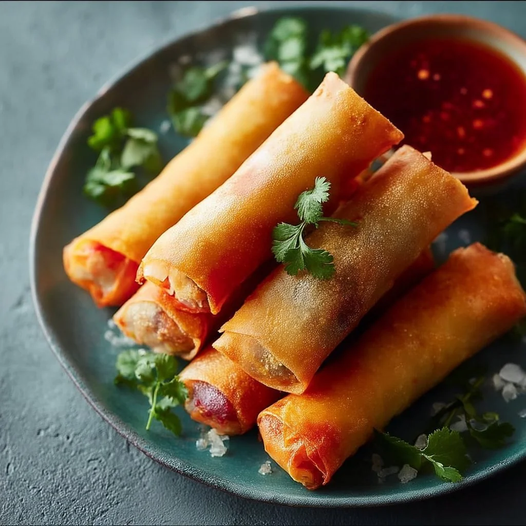Crispy air fryer spring rolls served on a plate with dipping sauce.