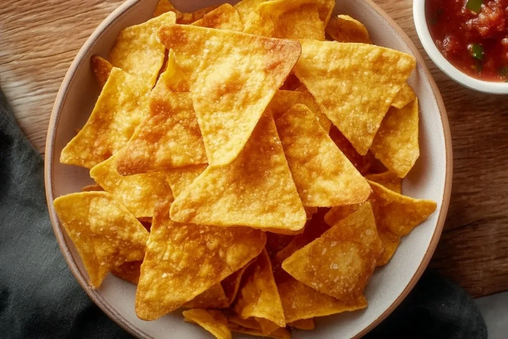 Homemade air fryer tortilla chips served with salsa