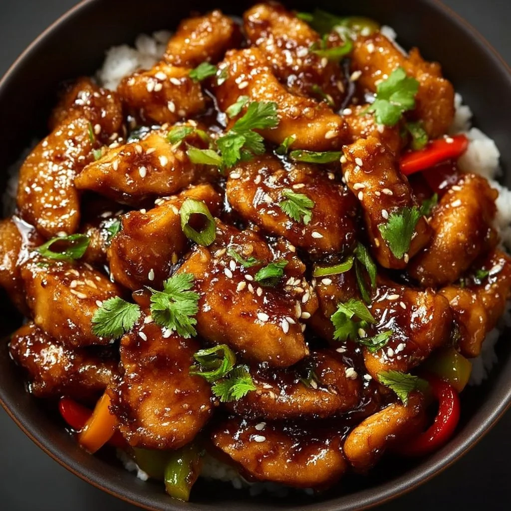 Authentic Mongolian chicken dish served with colorful vegetables