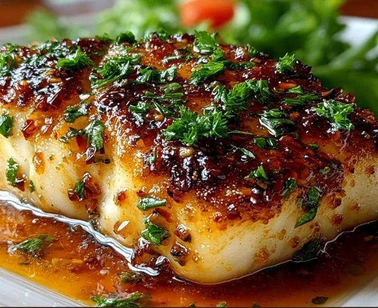 Baked honey marinade cod garnished with herbs on a plate