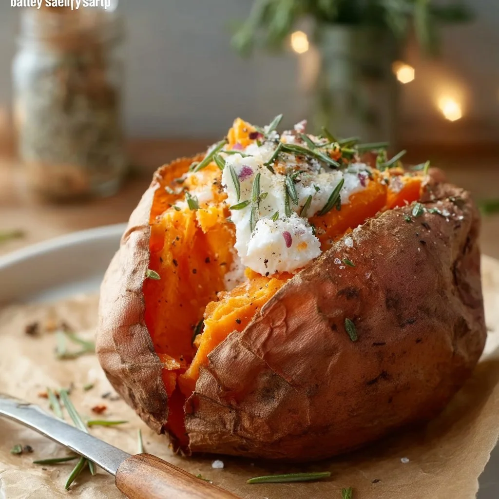 Deliciously baked sweet potato served with toppings on a plate