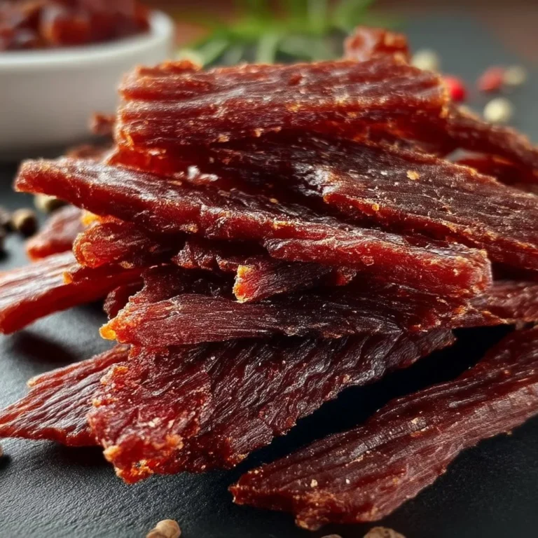 Various flavors of beef jerky on a rustic wooden table