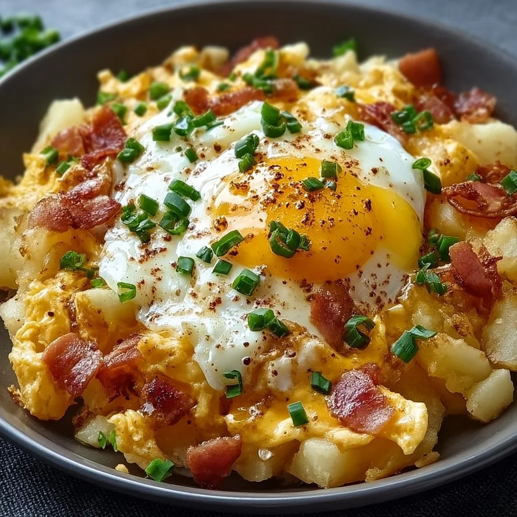 Cheesy Potato Egg Scramble served in a skillet with herbs and cheese on top