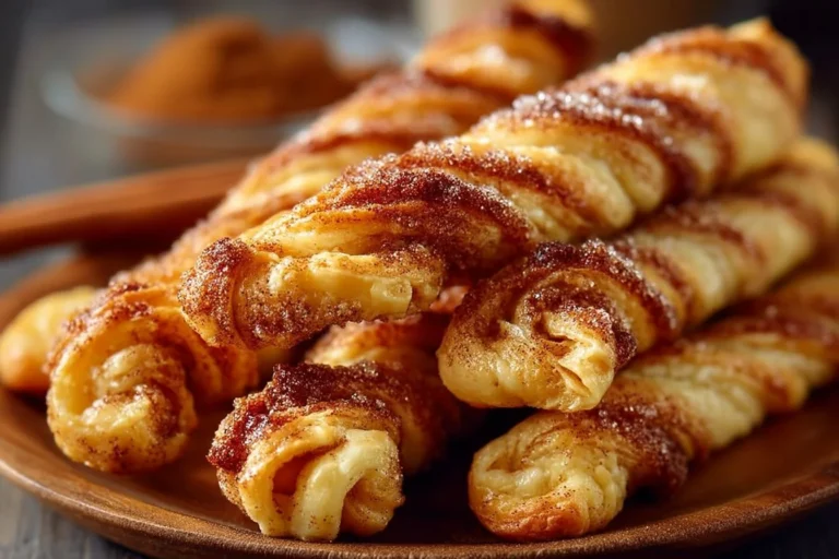 Freshly baked Cinnamon Twists dusted with sugar and cinnamon on a plate