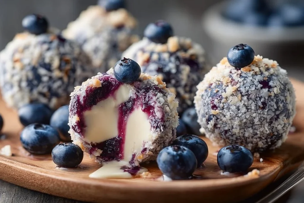 Creamy blueberry cheesecake protein balls stacked on a wooden board.