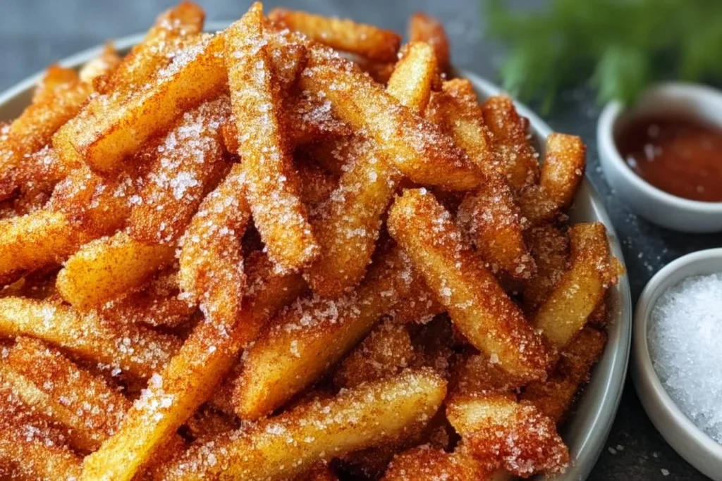 Plate of crispy air fryer apple fries served with a dipping sauce
