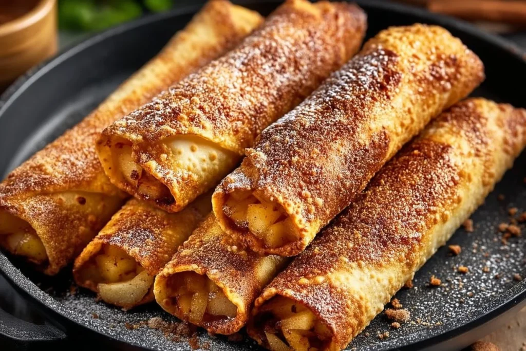 Crispy air fryer apple pie taquitos served on a plate with cinnamon sugar