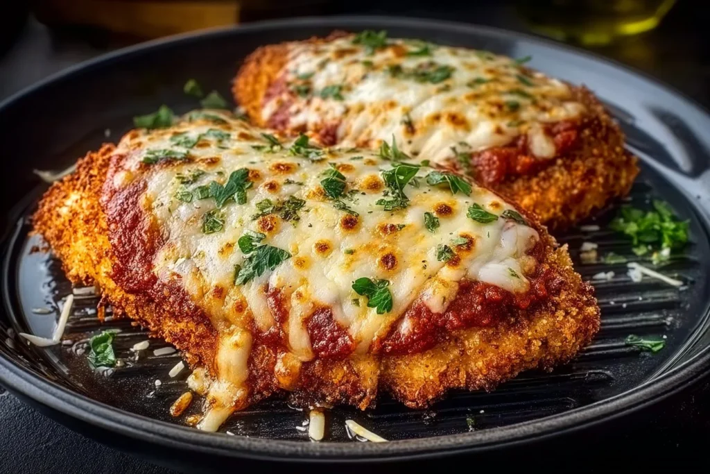 Crispy Air Fryer Chicken Parmesan served with marinara sauce and cheese