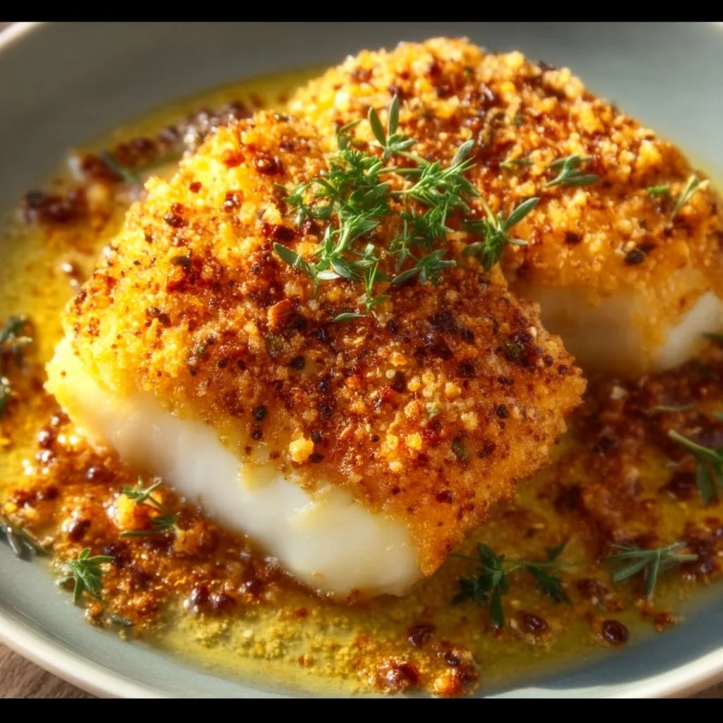 Crispy air fryer cod fillets served with lemon and greens