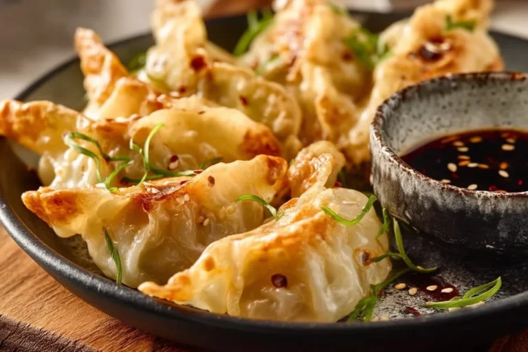 Crispy air fryer dumplings served on a plate with dipping sauce