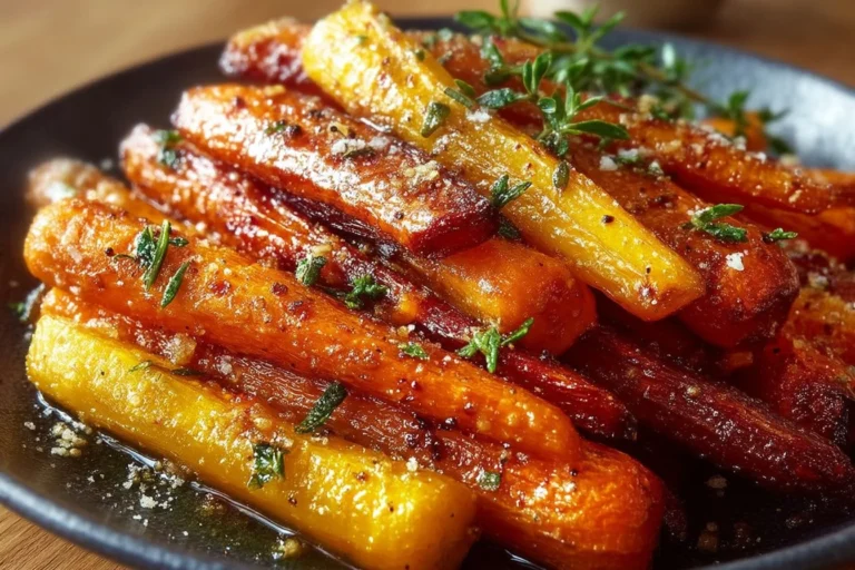Crispy air fryer roasted carrots drizzled with honey glaze served in a bowl