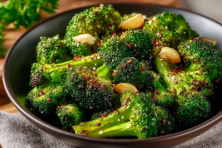 Crispy garlic air fryer broccoli served on a white plate