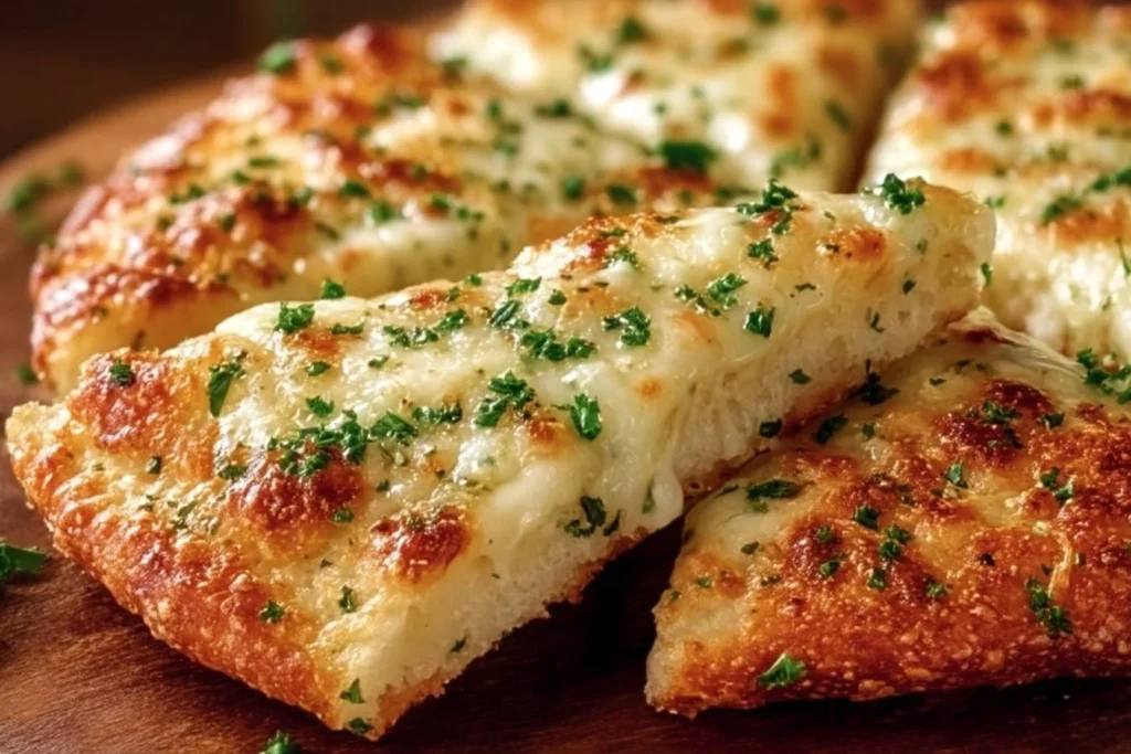 Crispy garlic bread topped with cheese on golden tortillas