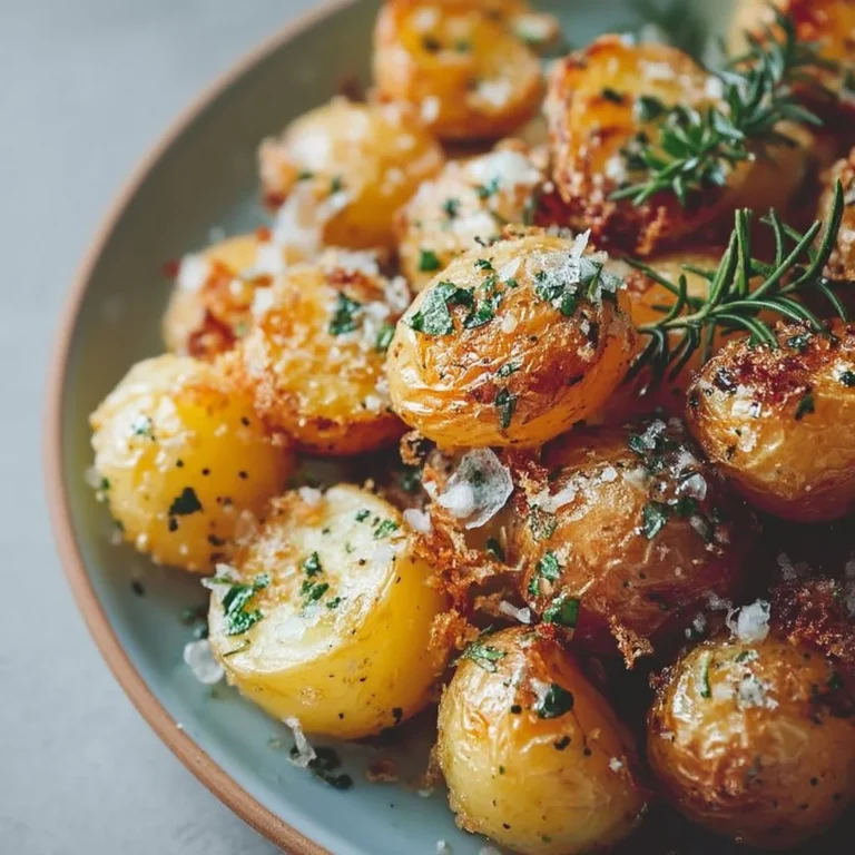 Plate of crispy roasted mini potatoes garnished with herbs