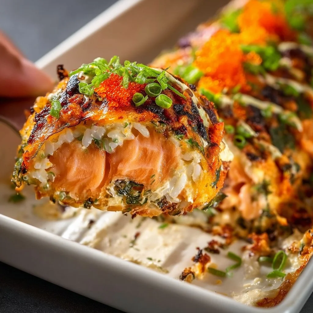 Deconstructed Salmon Roll Casserole served in a baking dish with fresh garnishes
